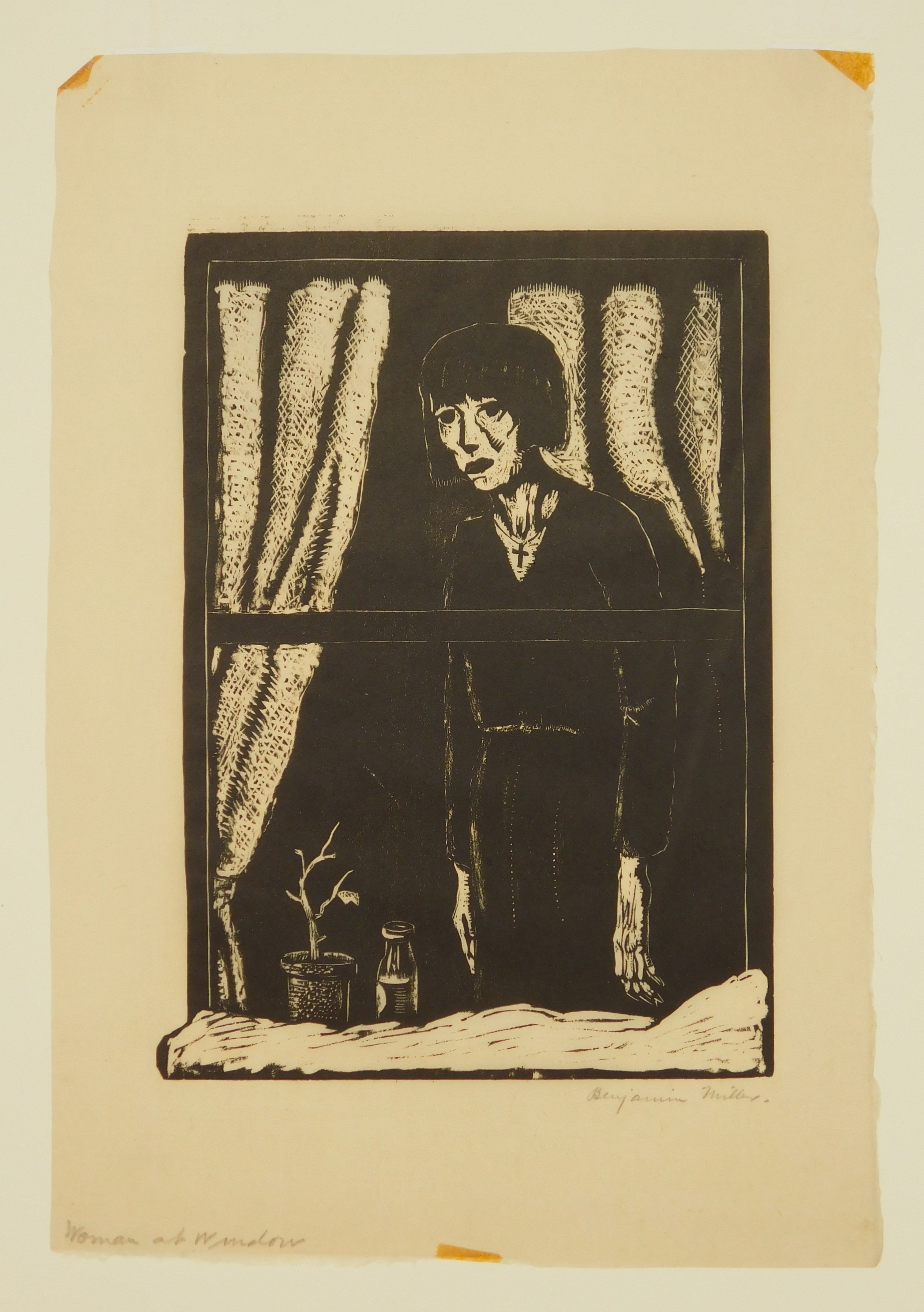 A four-panel woodcut collage depicting religious and domestic scenes with stark black-and-white contrast.