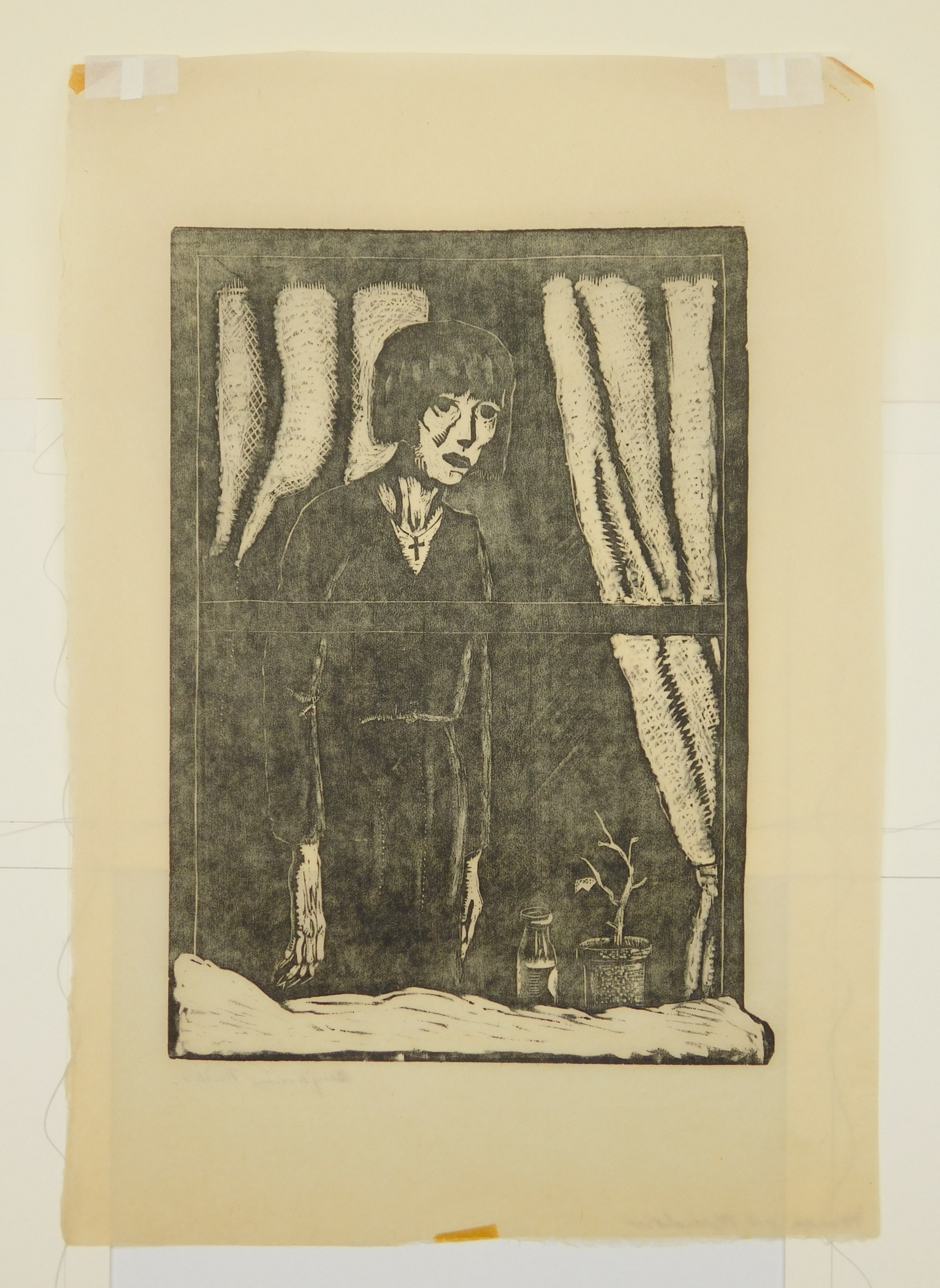 A four-panel woodcut collage depicting religious and domestic scenes with stark black-and-white contrast.