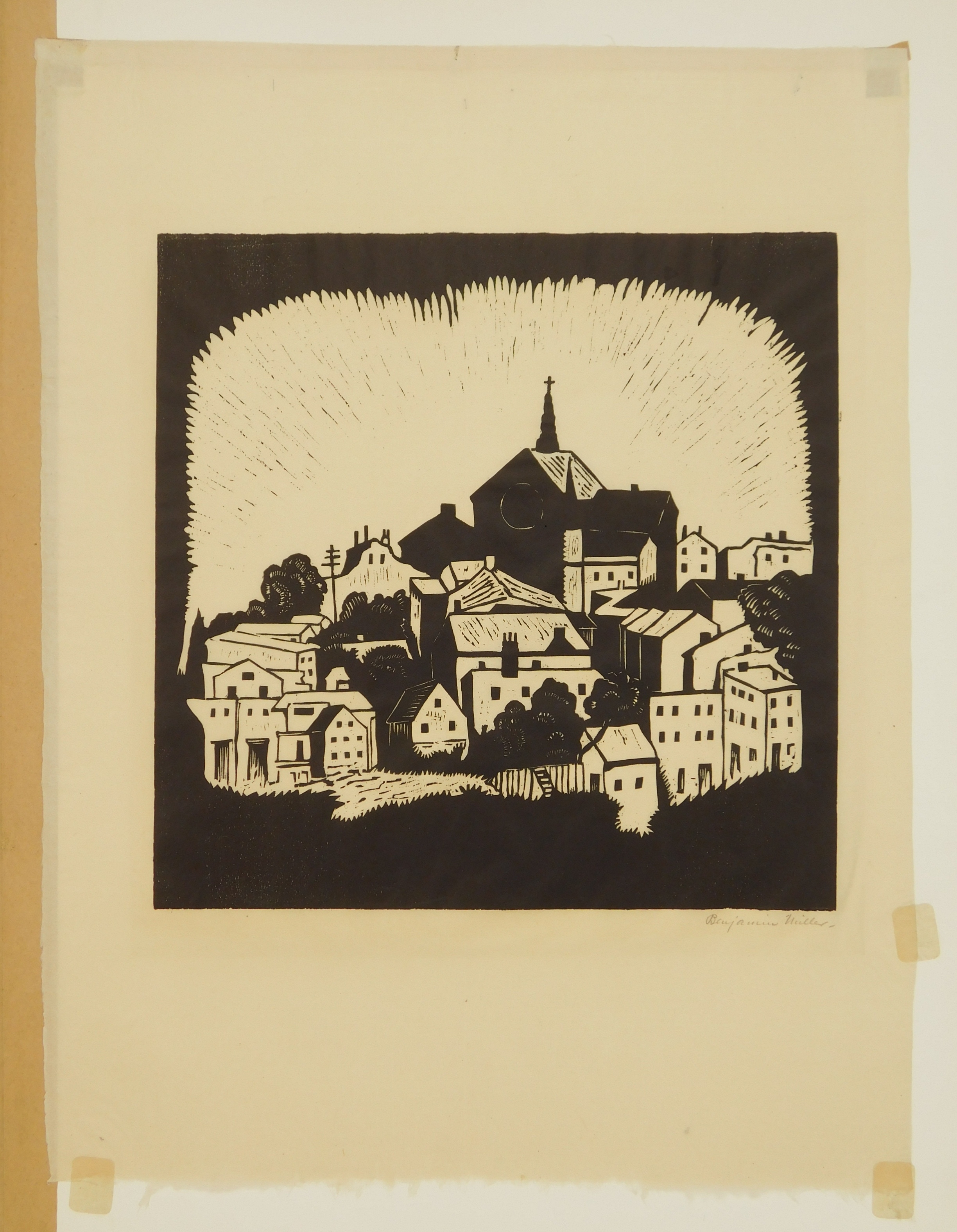 Artwork by Benjamin Miller, Mount Adams, Cincinnati, Made of woodcut