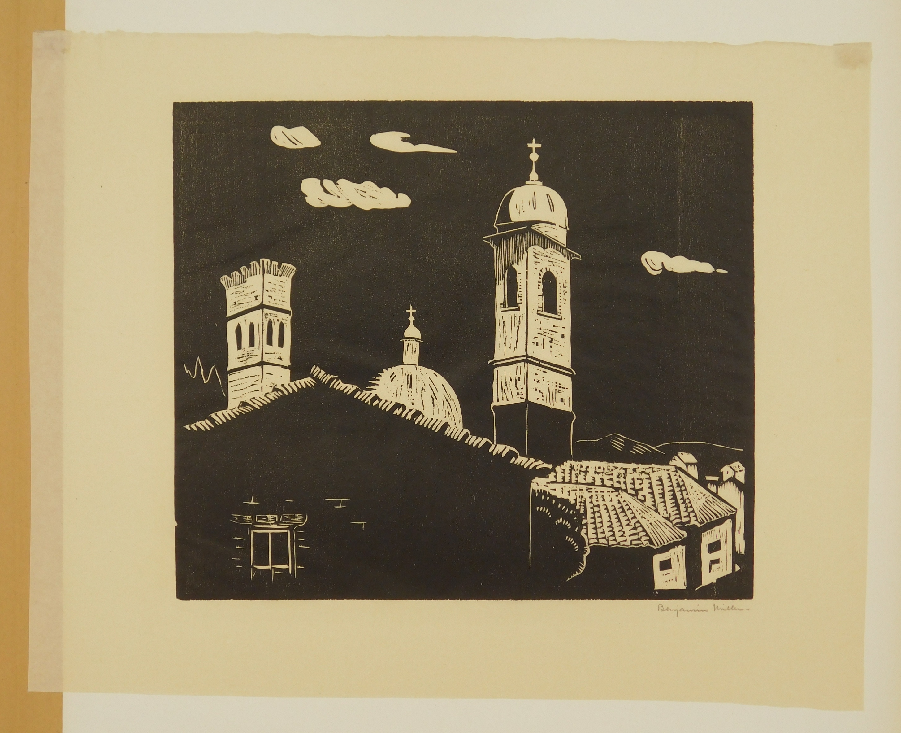 Artwork by Benjamin Miller, Mount Adams, Cincinnati, Made of woodcut