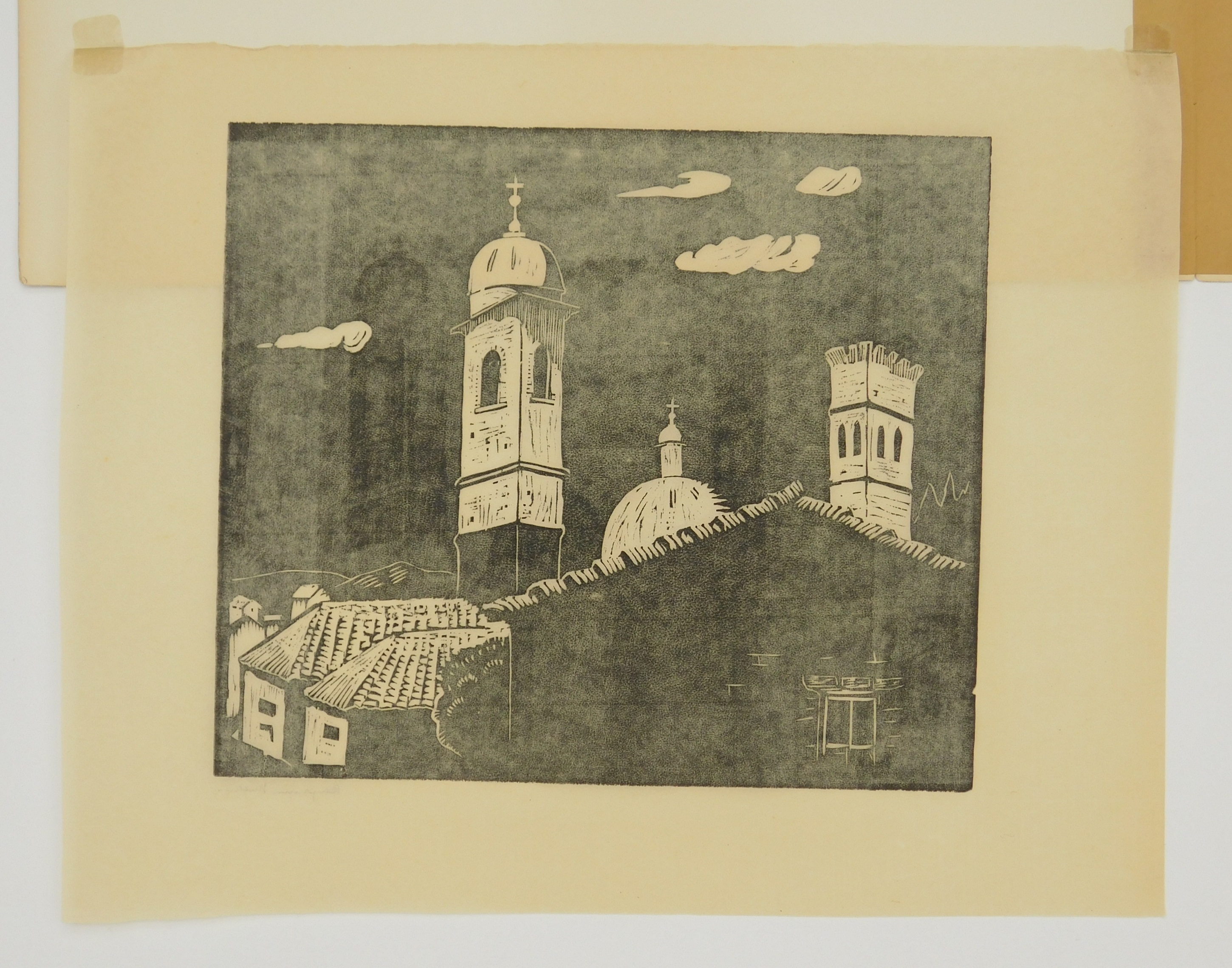 Artwork by Benjamin Miller, Mount Adams, Cincinnati, Made of woodcut