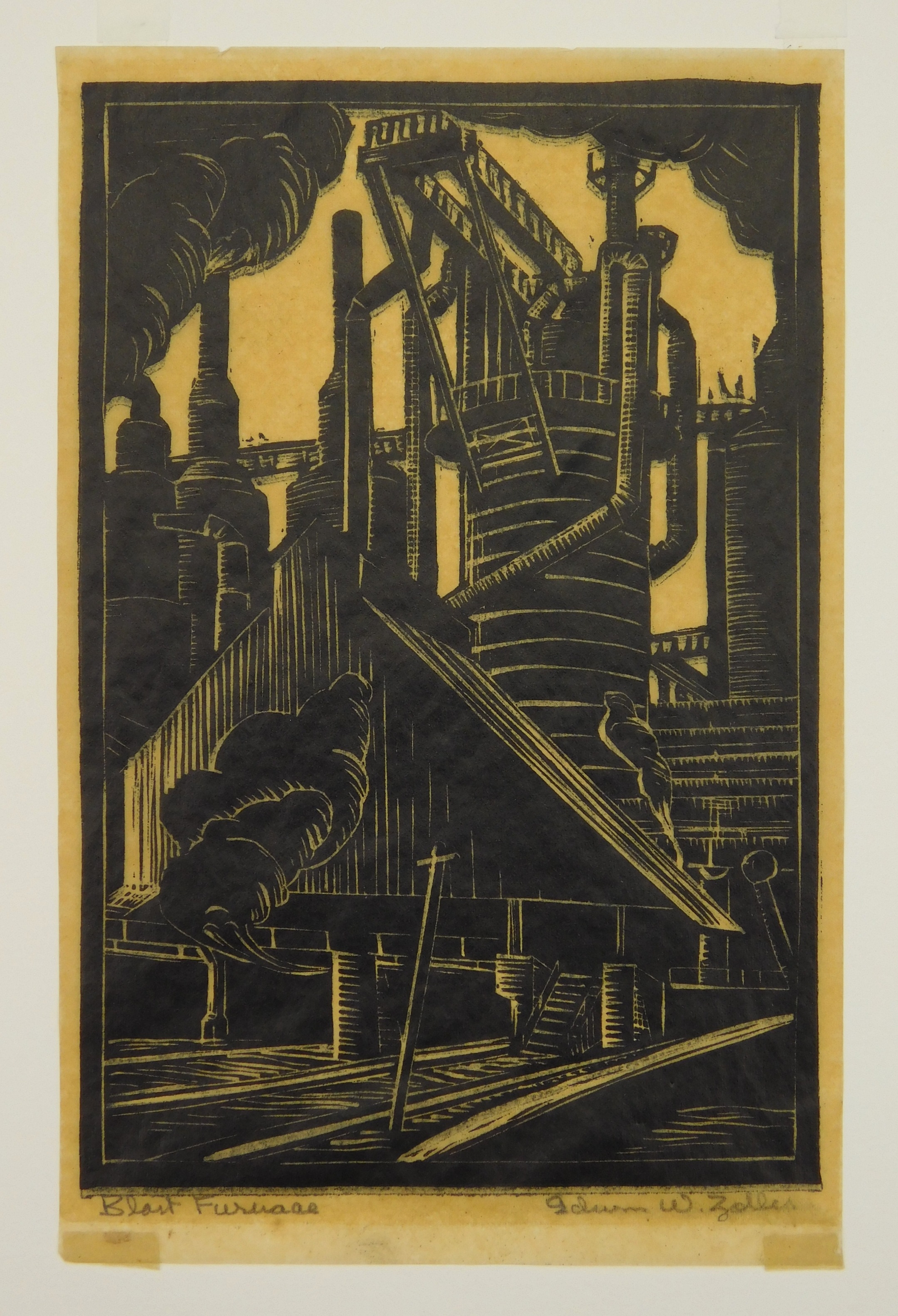 Artwork by Edwin W. Zoller, 1967) "Blast Furnace'', Made of woodblock