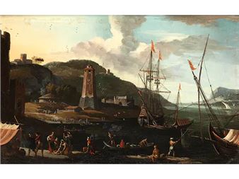 MEDITERRANER HAFEN MIT LEUCHTTURM UND FIGUREN Picture