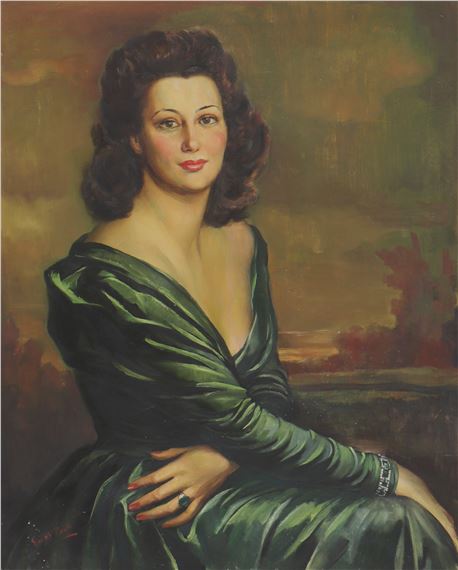 Portrait of Miss Elizabeth Hanley three-quarter length seated in a green dress by Alexander Saint-Paull, 1940s