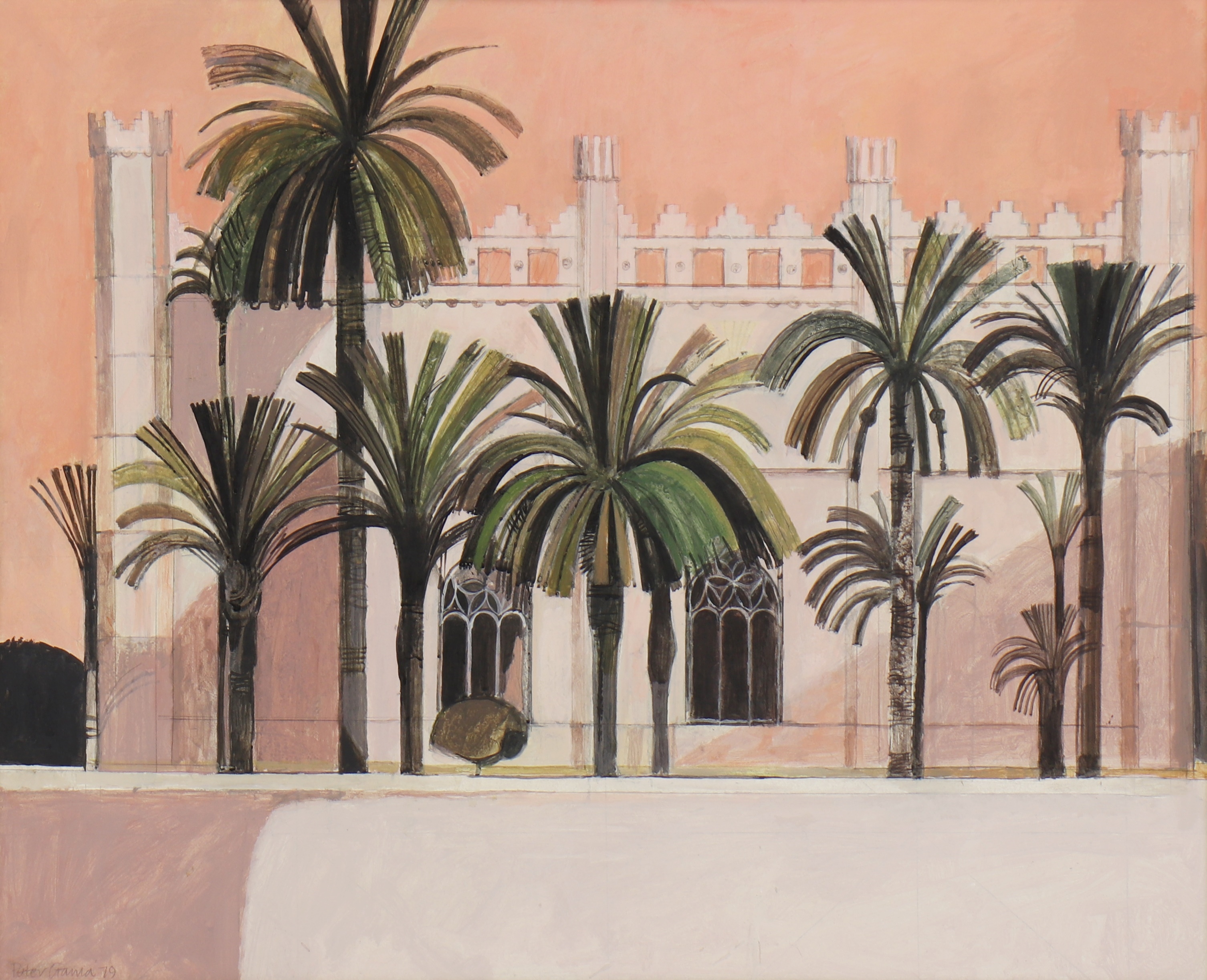 Artwork by Peter Gauld, Palms trees before a building, Made of pencil and gouache on board