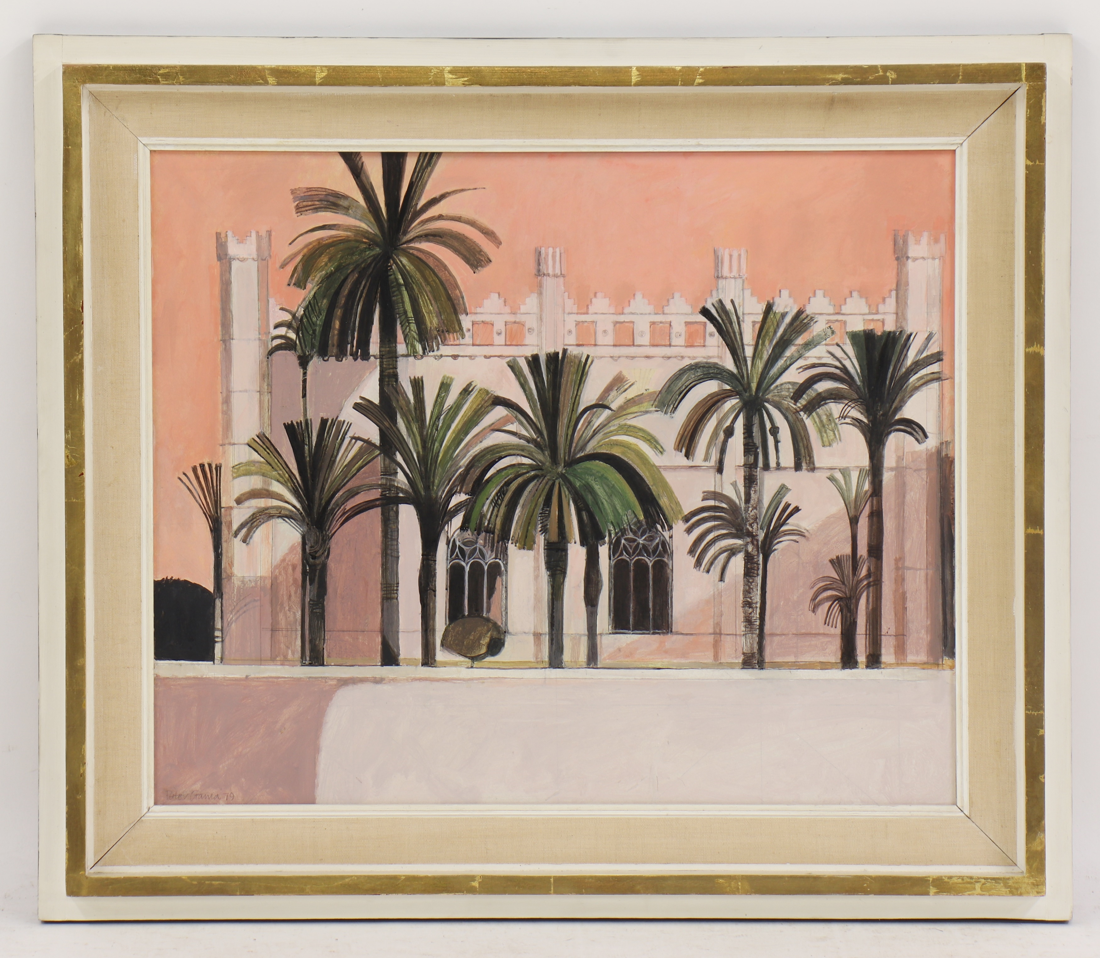 Artwork by Peter Gauld, Palms trees before a building, Made of pencil and gouache on board