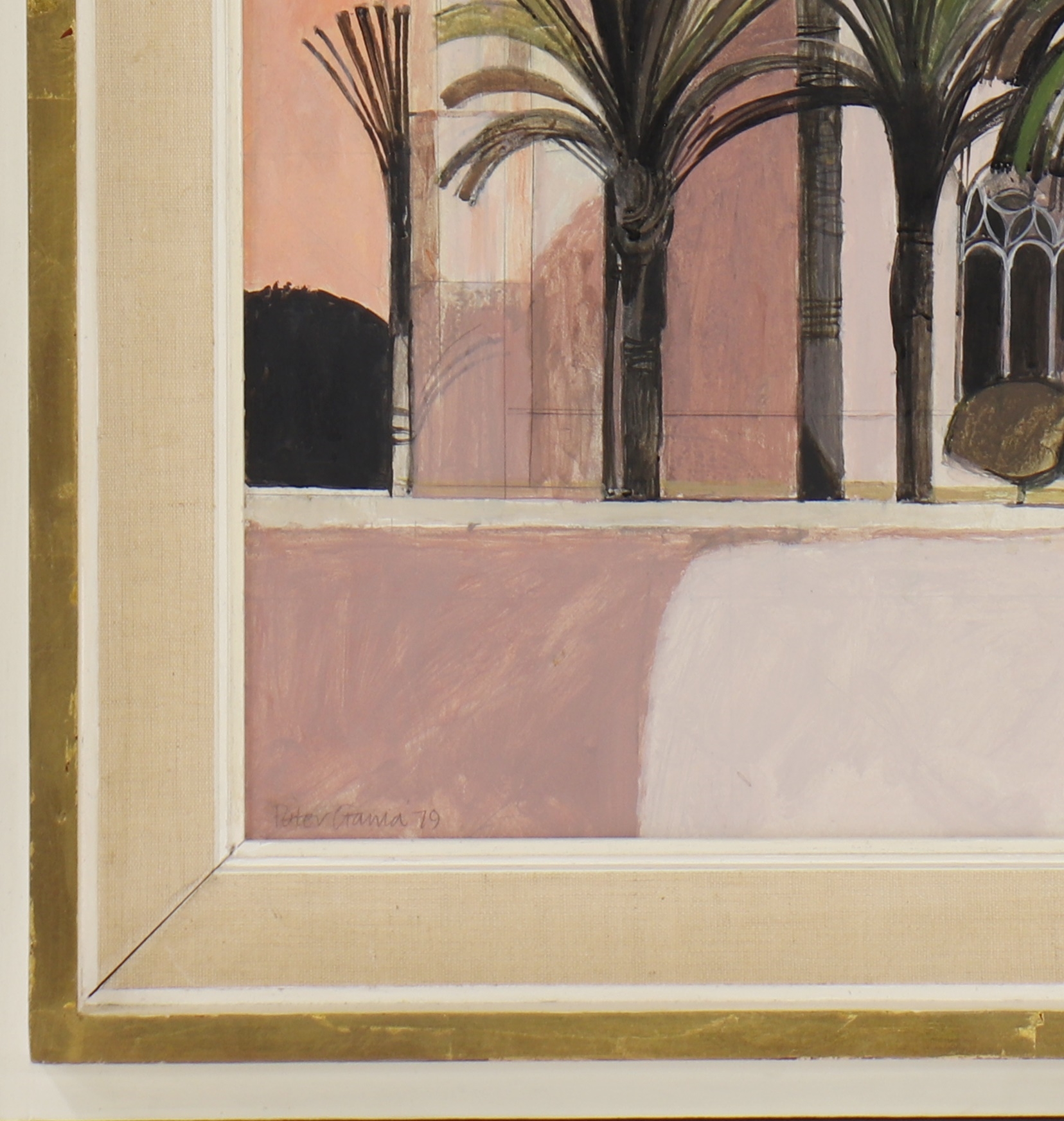 Artwork by Peter Gauld, Palms trees before a building, Made of pencil and gouache on board