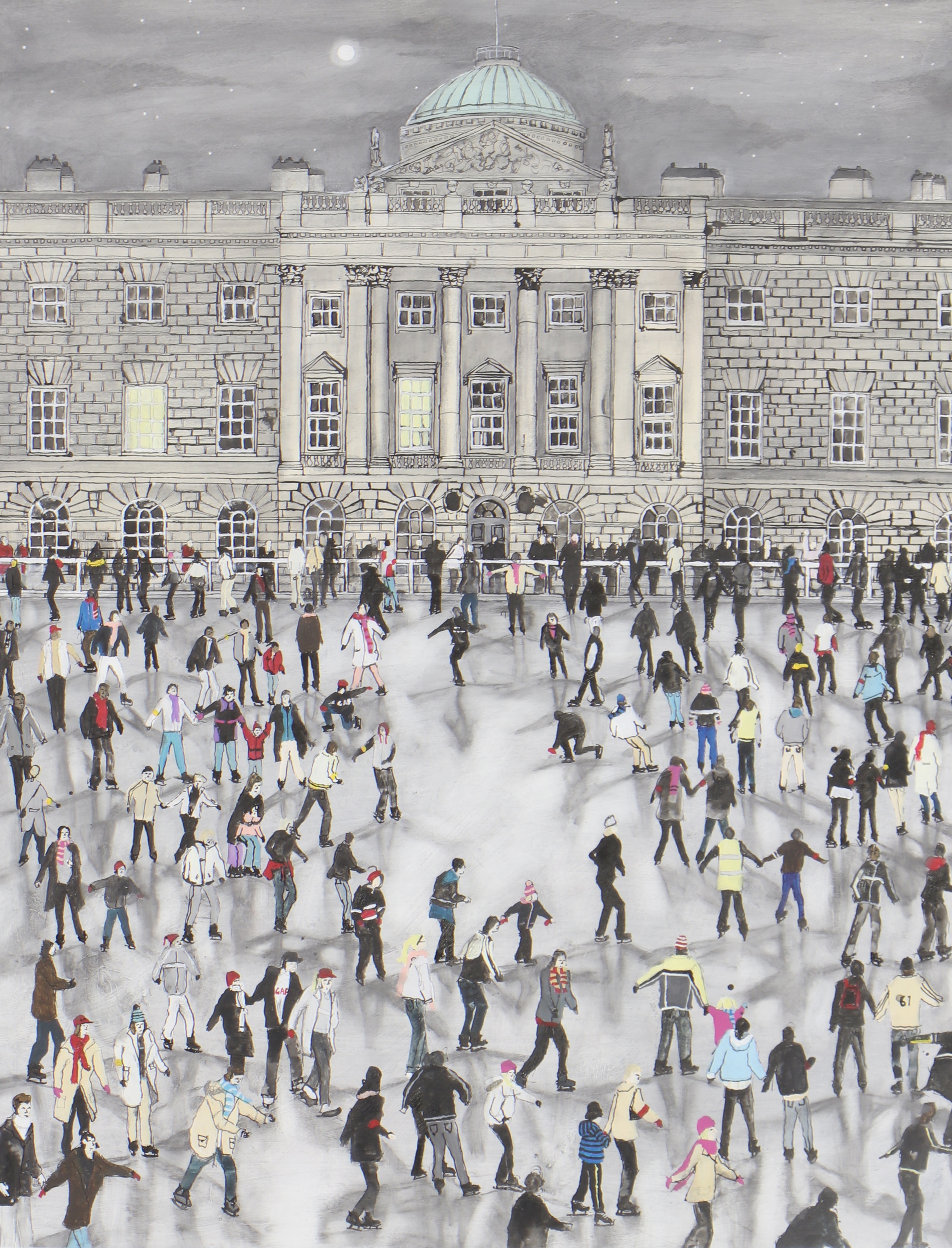 Artwork by Emma Haworth, Ice Skating at Somerset House, Made of watercolour and Indian ink