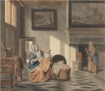 Seventeenth century Dutch interior with a mother and child, a maid sweeping the floor - Pieter de Hooch