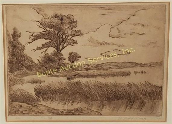 A monochromatic landscape etching featuring a solitary tree, marshy water, and dramatic sky.