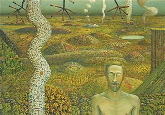 A surreal landscape featuring a shirtless figure with closed eyes, a twisted tree-like structure, and an alien-like terrain.