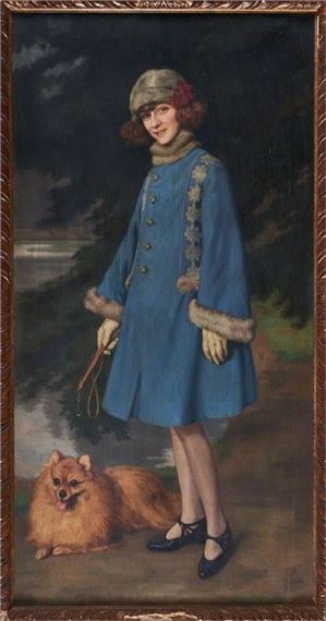 Mademoiselle Le Trocquer en manteau bleu et son chien by Eugène Pascau, circa 1922