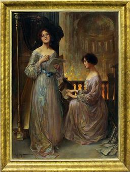 Stimmungsvolle Ansicht in der Kathedrale von Reims mit zwei hübschen Mädchen vor Orgel und Harfe auf einer Balustrade, im Hintergrund Chorraum bei Kerzenschein - Eugène Auger