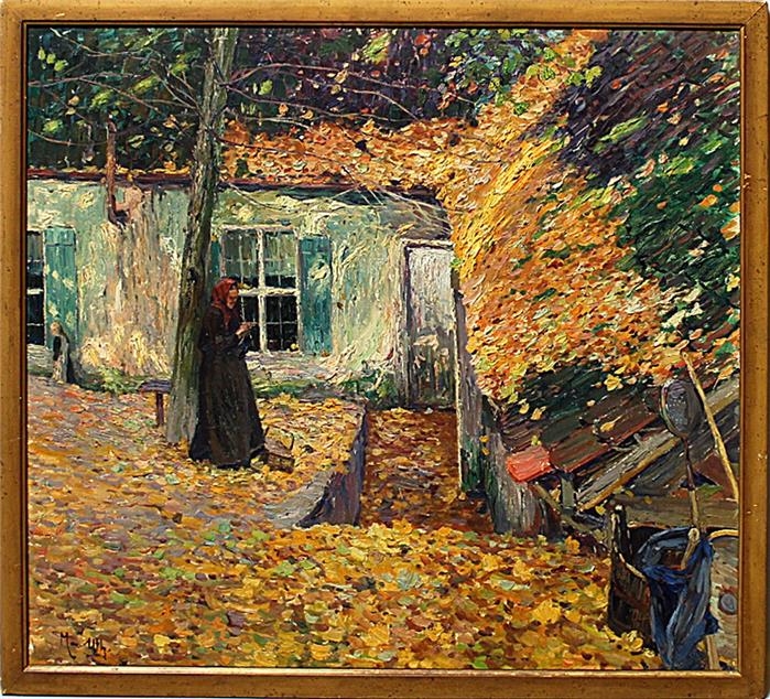 Impressionistische Ansicht eines Hofes mit Bäuerin im Herbst by Max Uth