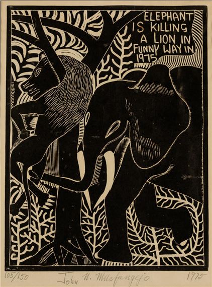 ELEPHANT IS KILLING A LION IN FUNNY WAY IN 1975 (Levinson 103) by John Ndevasia Muafangejo, dated 1975