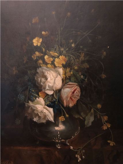 Bouquet of flowers in a pewter vase by Wilhem Démétrius Malbet