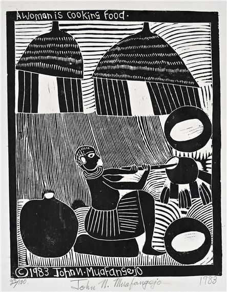 A WOMAN IS COOKING FOR by John Ndevasia Muafangejo, 1983