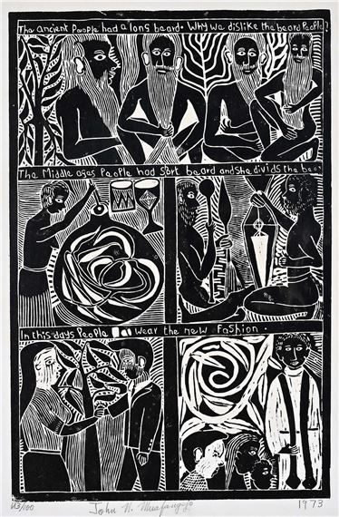 THE ANCIENT PEOPLE HAD A LONG BEARD by John Ndevasia Muafangejo, 1973