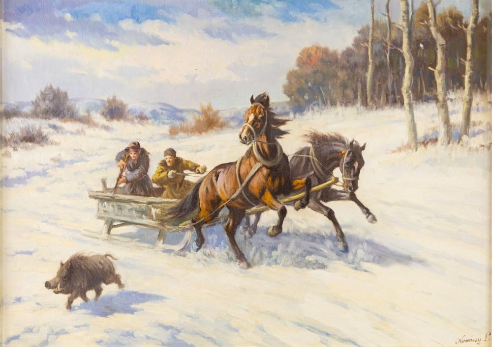 Artwork by Lev Kovalsky, hunting boar in a horse drawn sleigh
, Made of oil on canvas