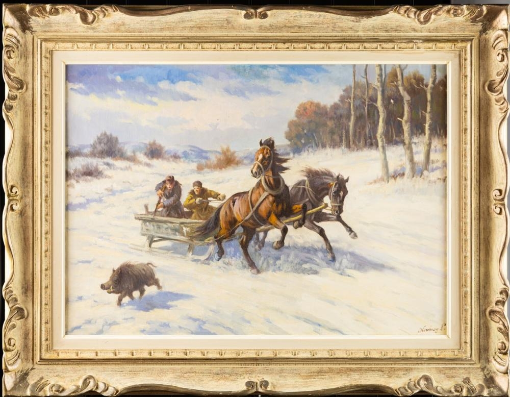Artwork by Lev Kovalsky, hunting boar in a horse drawn sleigh
, Made of oil on canvas