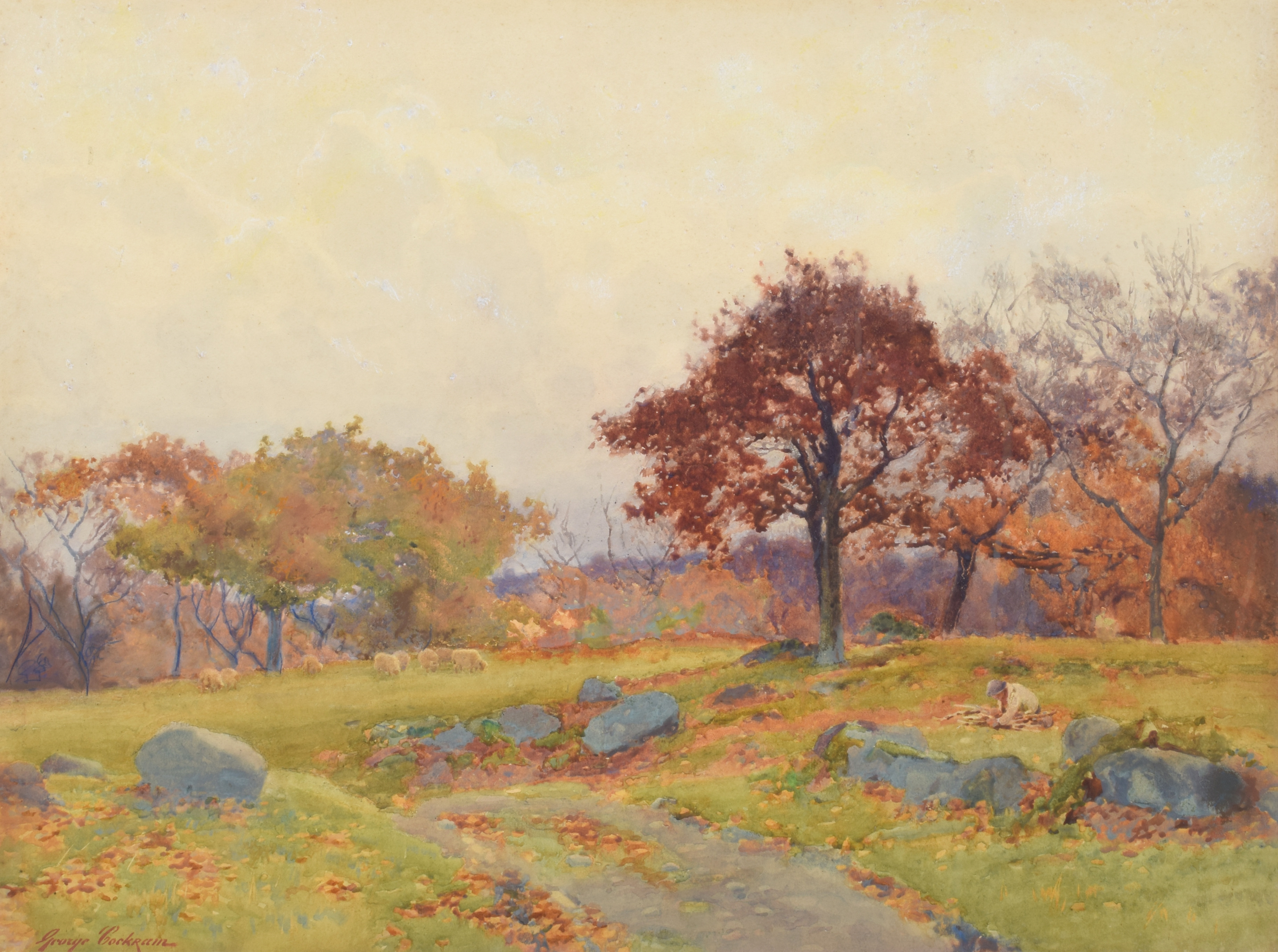 George Cockram | Rural autumnal view with figure and sheep | MutualArt