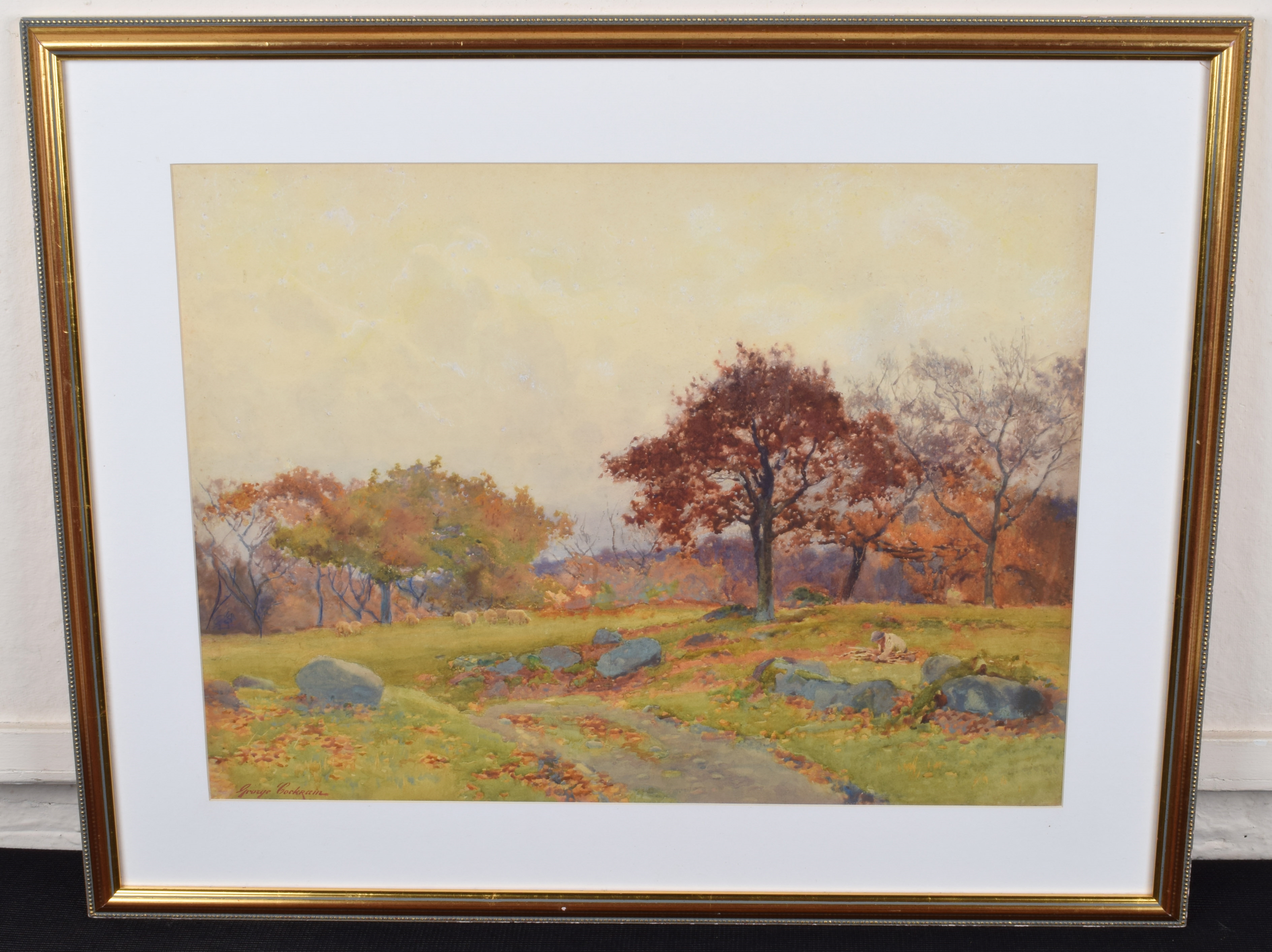 George Cockram | Rural autumnal view with figure and sheep | MutualArt