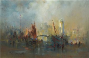 Harbour scene with various shipping - Ernest Houlgate