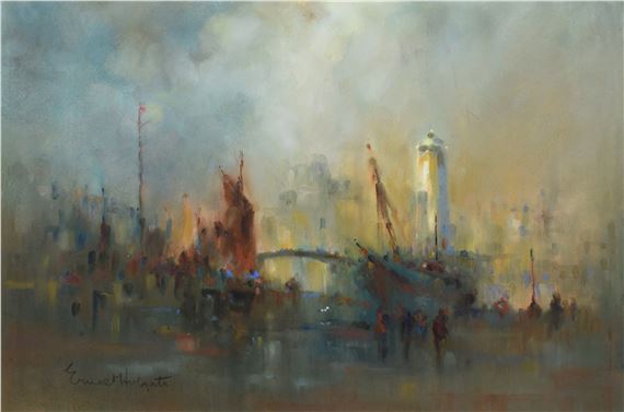 Harbour scene with various shipping - Ernest Houlgate