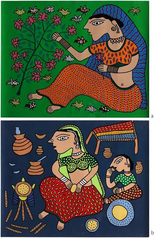 Artwork by Raju Jogi, Untitled (Tribal Lady in the Garden) (Jogi Art); Untitled (Tribal Lady Cooking in the Kitchen) (Jogi Art), Made of Acrylic on paper (2)