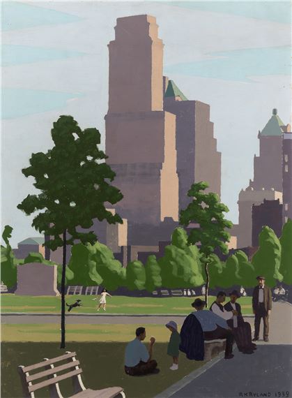 A mid-century city park scene with people relaxing on benches and a tall building looming in the background.