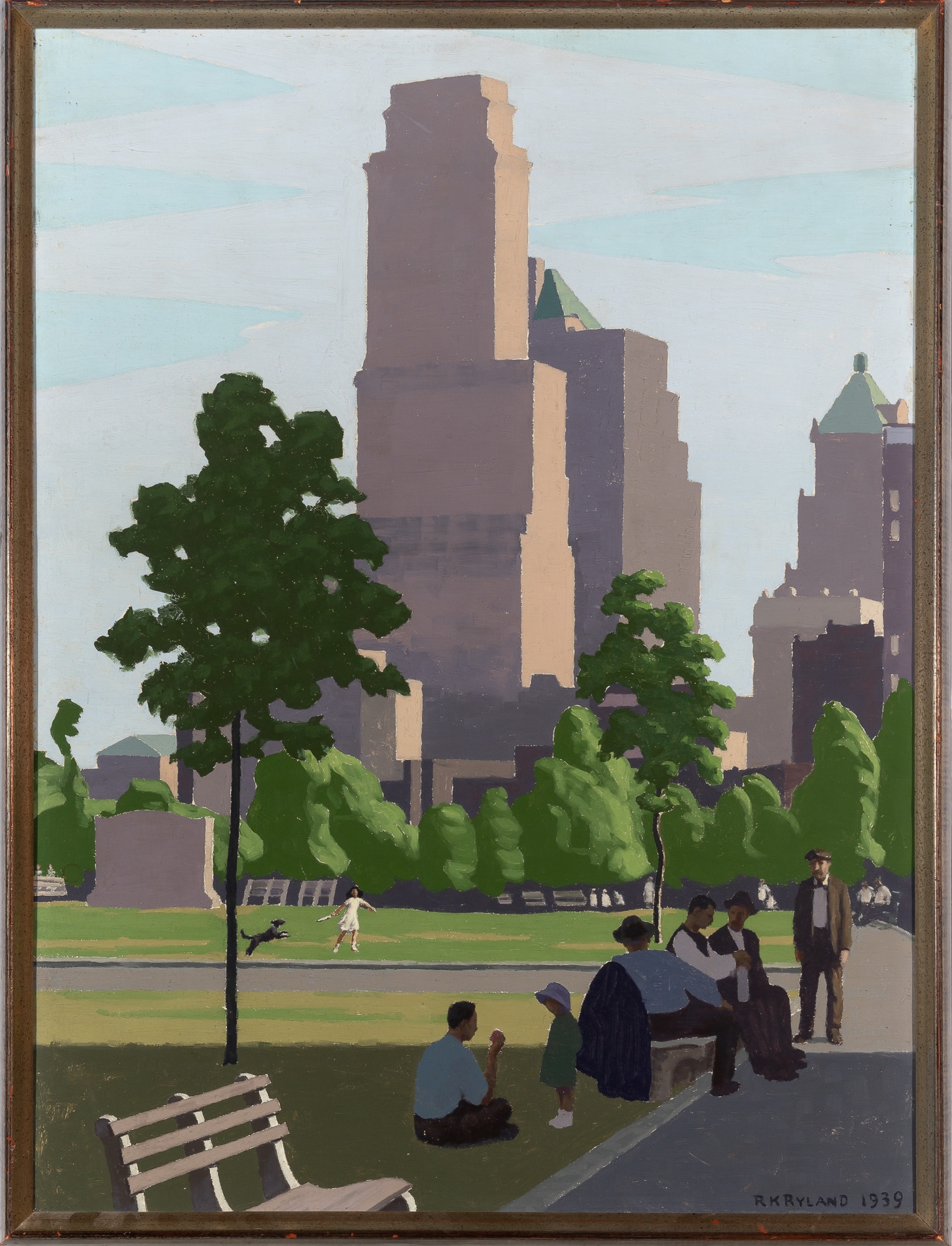 A mid-century city park scene with people relaxing on benches and a tall building looming in the background.