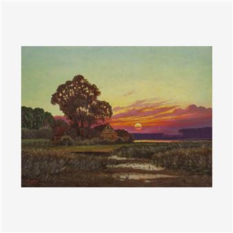 Sonnenuntergang über norddeutscher Landschaft mit Gehöft; Dazu: Wellnitz, H. - P. Köhler