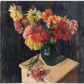 Bunter Dahlienstrauß in grünem Krug - N. Ganser-stephan