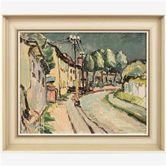 Vorstadtstraße mit Telegraphenmasten und Bäumen - Kurt Prignitz