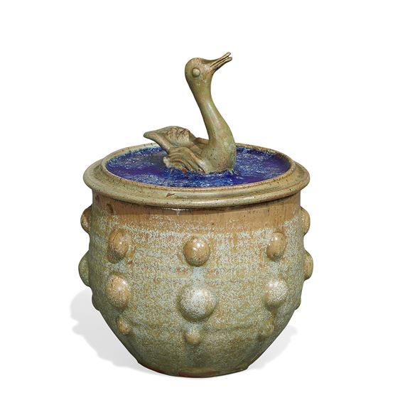 lidded jar with swan in glass pool - William Weldon Swallow