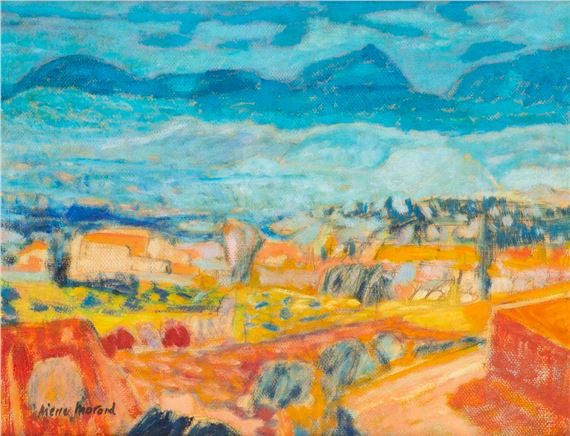 A vibrant landscape painting of a sun-drenched town nestled against blue mountains.