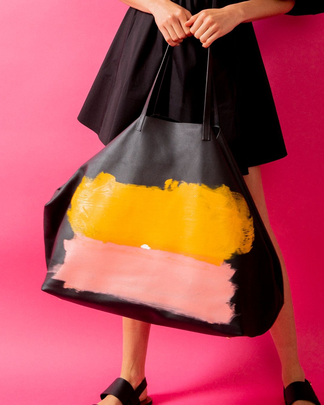 Oversized Pink Leather Tote Bag hand with Hand Painting by Grear Patterson,  2021, Free Arts NYC 22nd Annual Art Auction: Summer in September, 2021