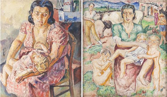 Maternity in an interior (recto) / Maternity against a village landscpae (verso) by Maria-Mela Muter