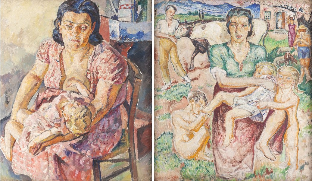 Artwork by Maria-Mela Muter, Maternity in an interior (recto) / Maternity against a village landscpae (verso), Made of oil/canvas