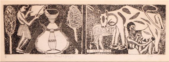 A COW BOY by John Ndevasia Muafangejo, 1974