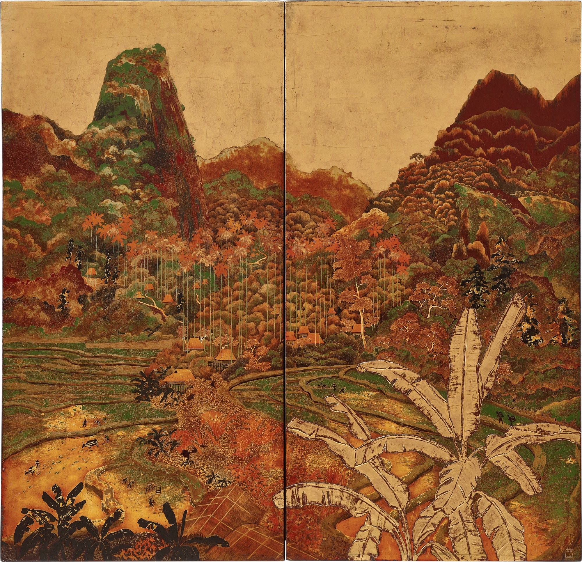 Artwork by Le Thy, Landscape of the Middle Region of North Vietnam, Diptych ԽвL⣬p, Made of lacquer on wood