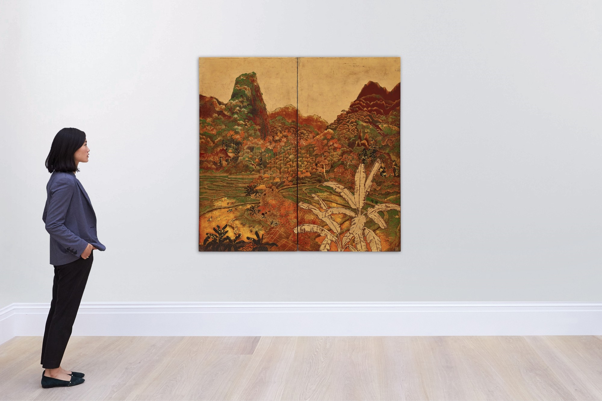 Artwork by Le Thy, Landscape of the Middle Region of North Vietnam, Diptych ԽвL⣬p, Made of lacquer on wood