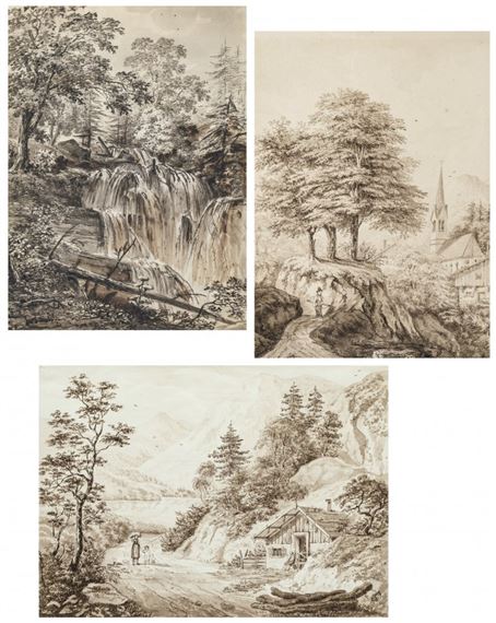 Am Kesselberge , Bauernhaus , Jäger und Kirche, Monogr by German School, 18th Century