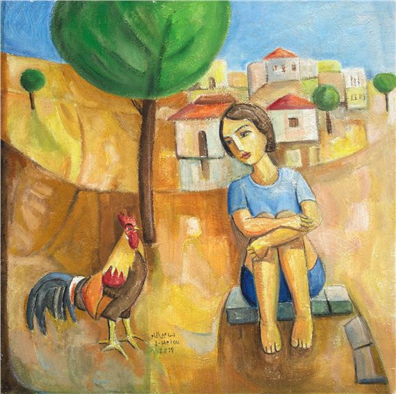 Seated Woman with Rooster by Ismail El Helou, 2019