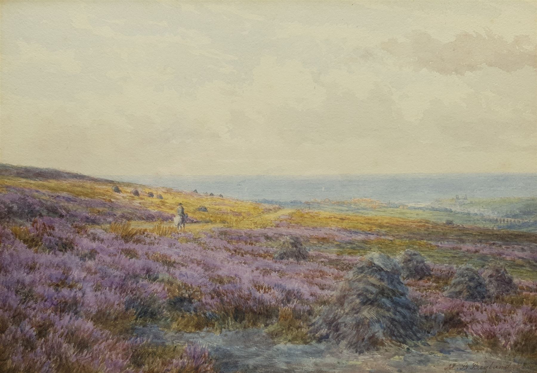 Artwork by Mary Backhouse Bigland, Horse Rider on the Moors with Larpool Viaduct and Whitby Abbey in the Distance, Made of watercolour