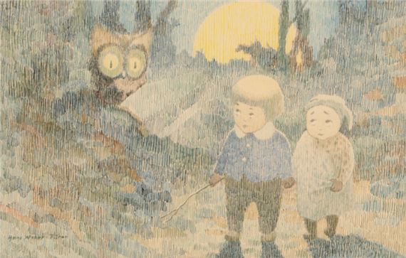 An illustration of two children and an owl in a woodland landscape - Hans Furer
