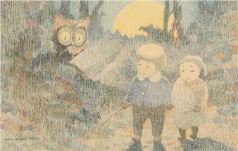 An illustration of two children and an owl in a woodland landscape - Hans Furer