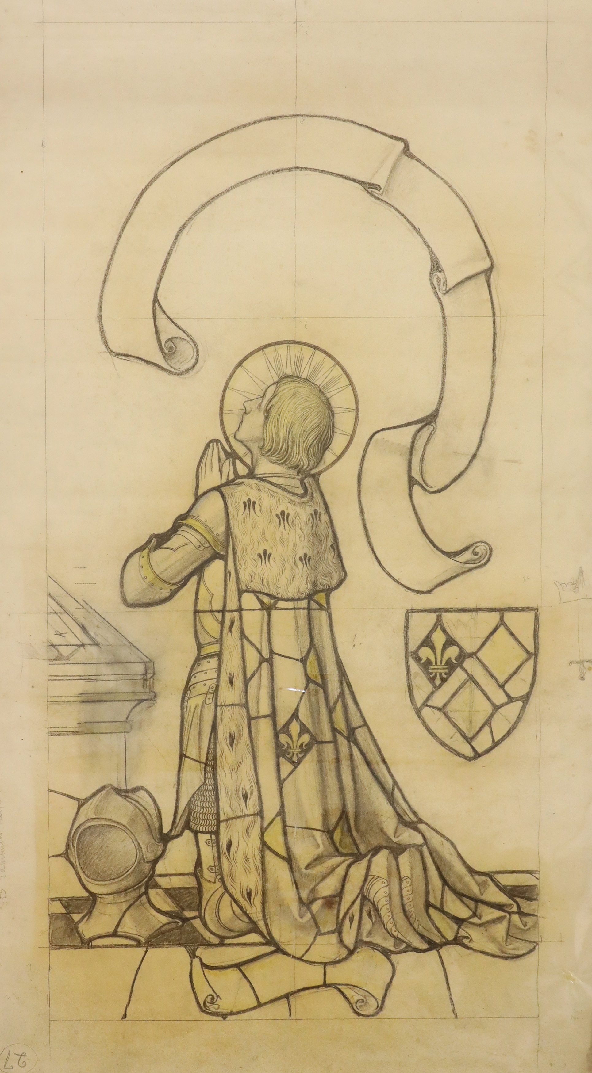 Artwork by George Daniels, Joan of Arc and St Edmund the Marytr two full-size stained glass designs for All Saints Church Norwich, Made of pencil