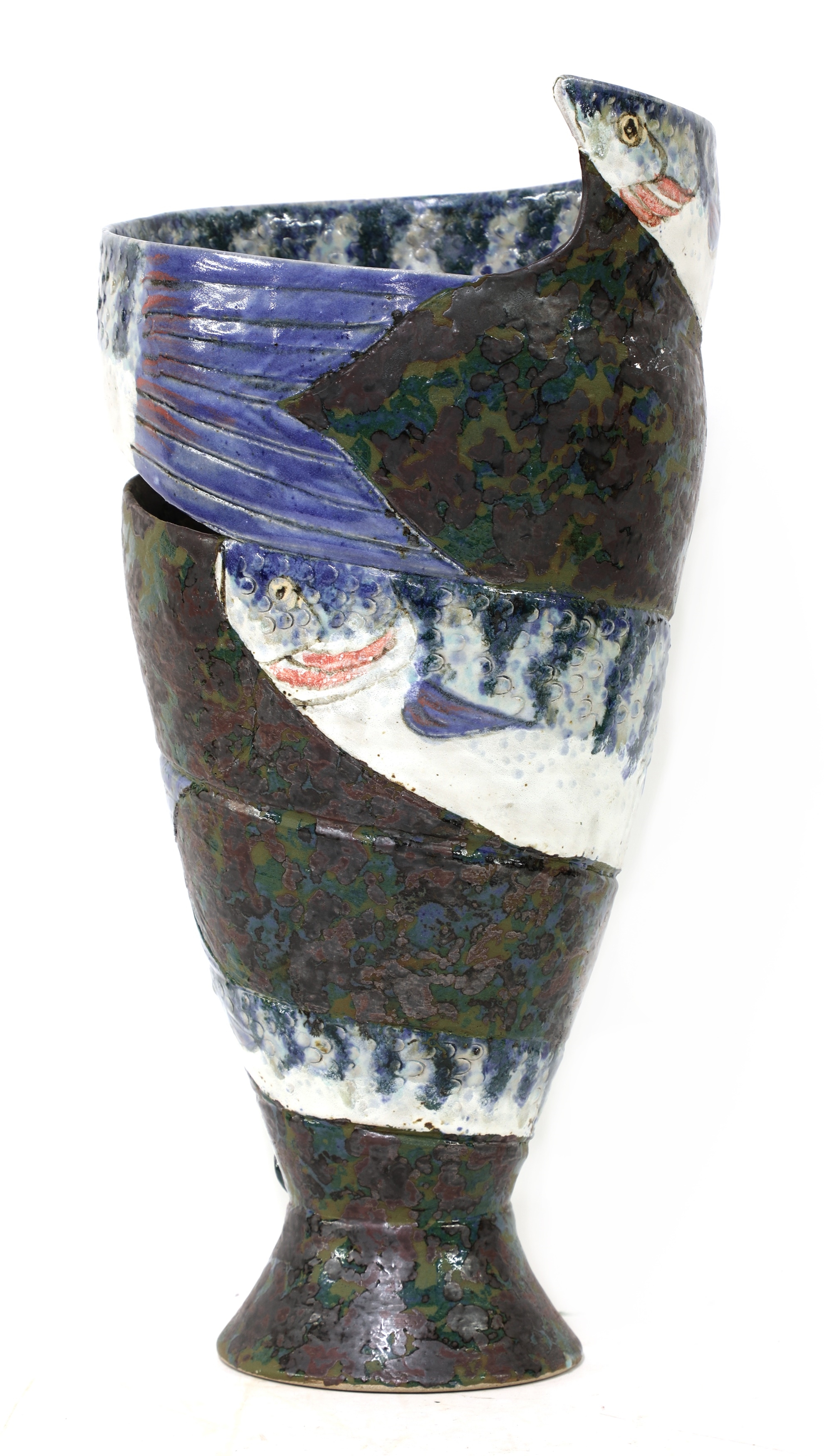 Roger Cockram | a glazed stoneware vase formed with three mackerel on a ...