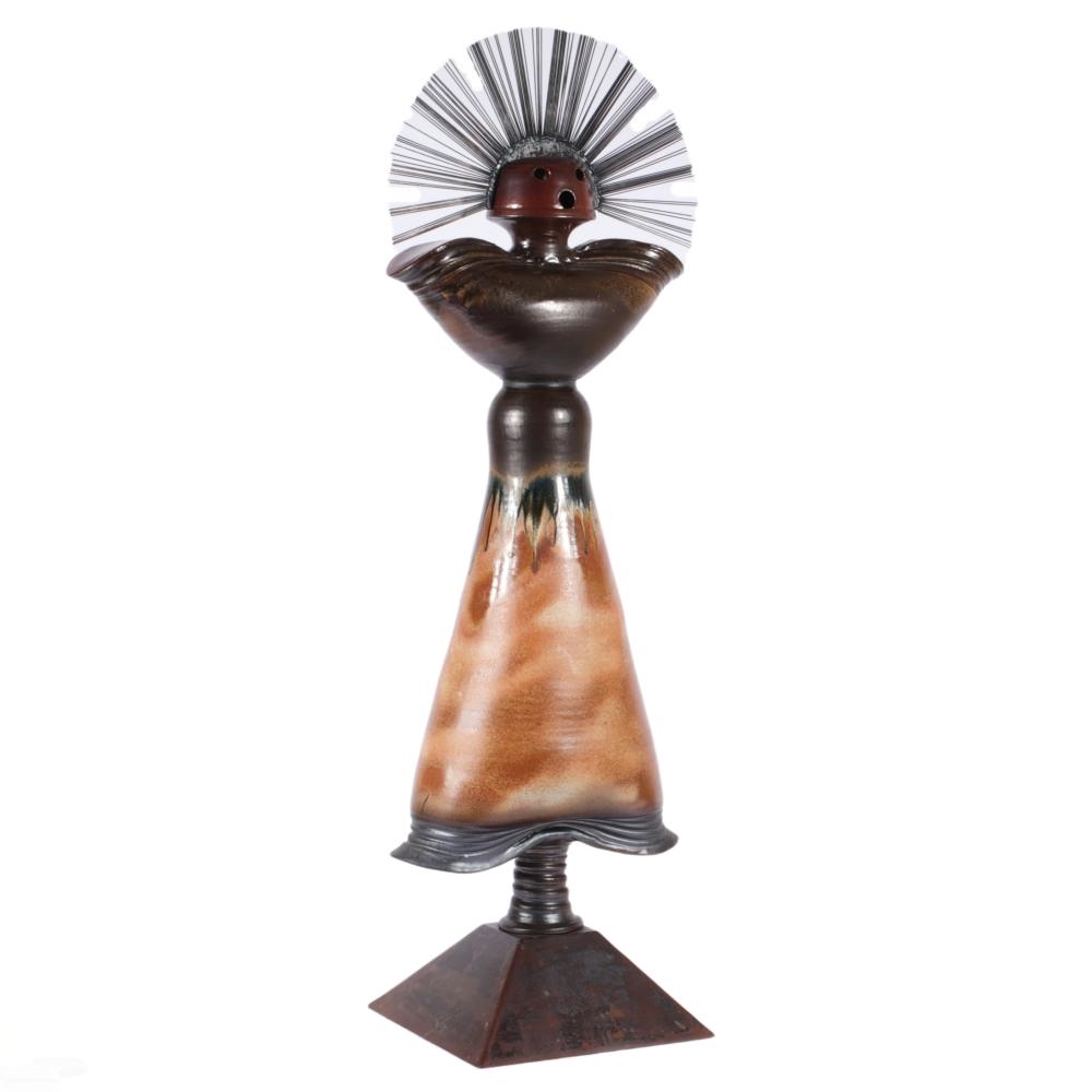 Artwork by Heath Krieger, Southwestern figural sculpture, Made of glazed pottery and metal on base